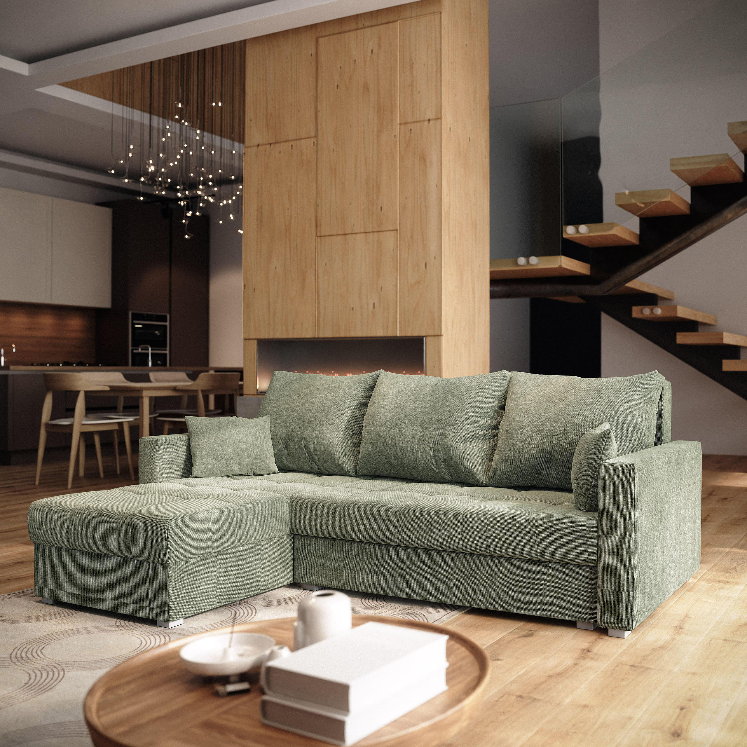 ECKSOFA NIDA Grün Geflochtener Stoff mit Schlaffunktion - Grün, Holz (220/143cm) - MASSENO