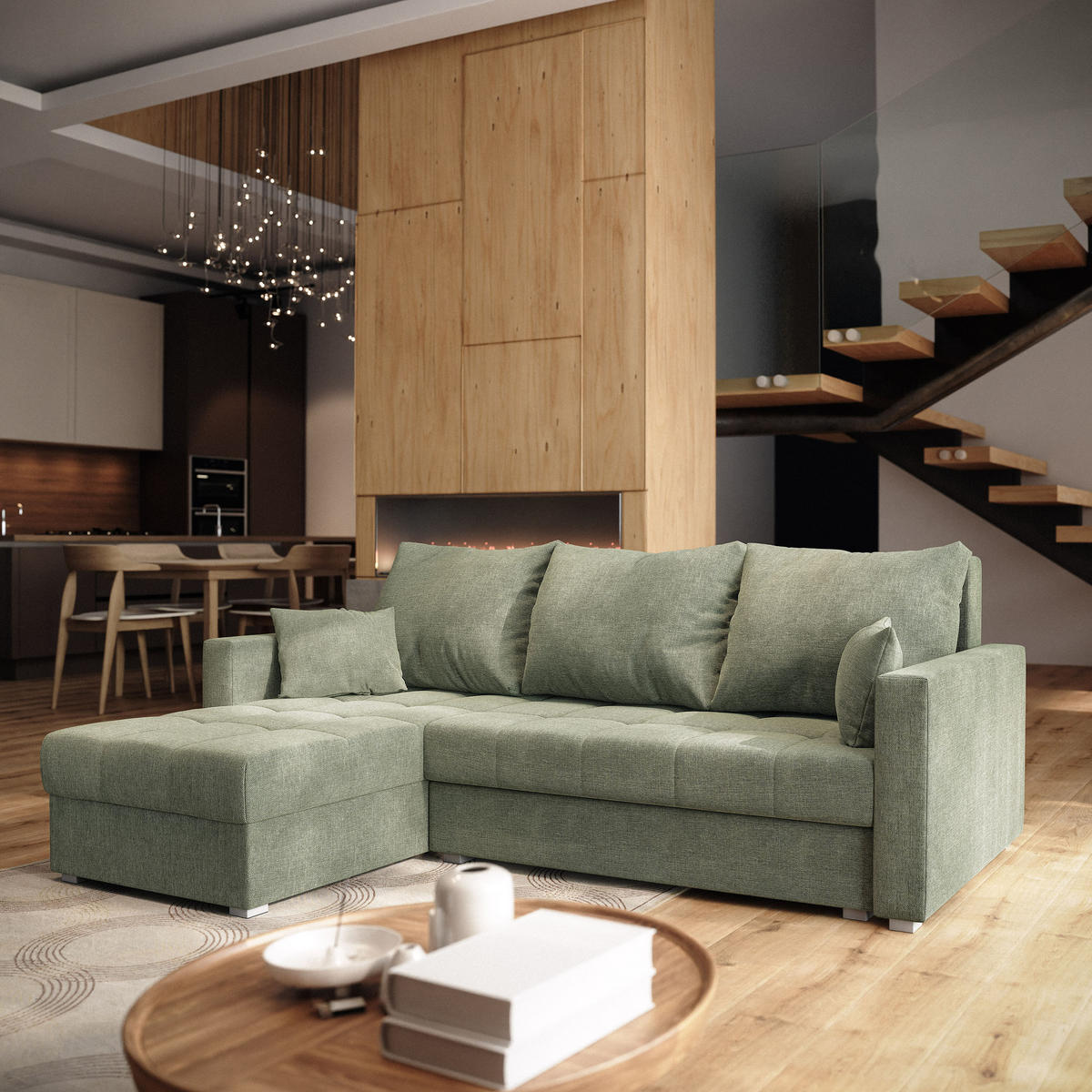 ECKSOFA NIDA Grün Geflochtener Stoff mit Schlaffunktion - Grün, Holz (220/143cm) - MASSENO