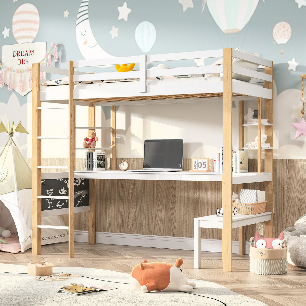 ETAGENBETT 90x200 Weiß mit Treppe - Weiß, Metall (90/200cm) - SHOPENTRA