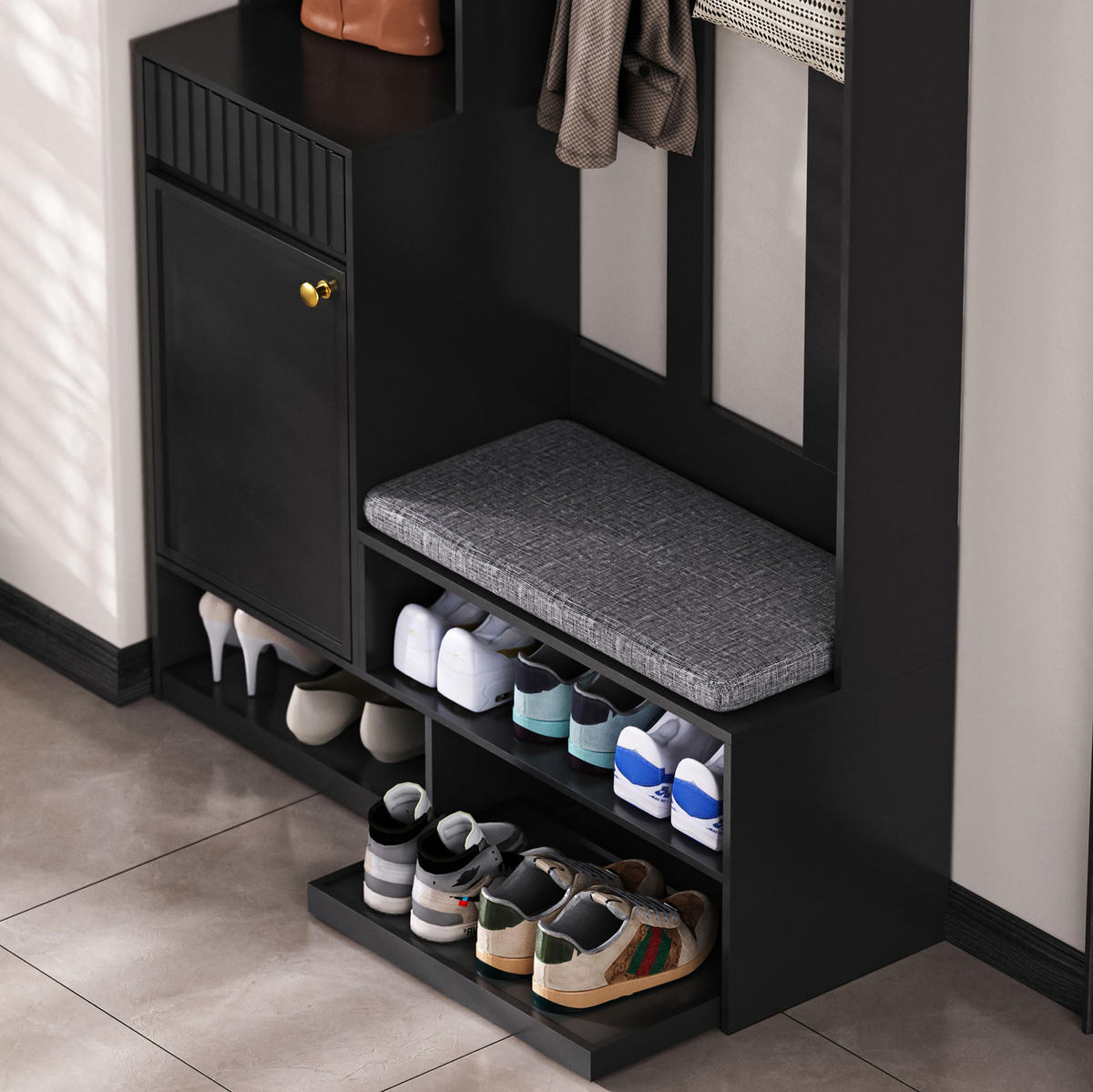 GARDEROBENSET mit Sitzbank 100 x 35 x 180 cm MDF Black 6-in-1 - Schwarz, Holzwerkstoff (35/180/100cm) - Beauniv