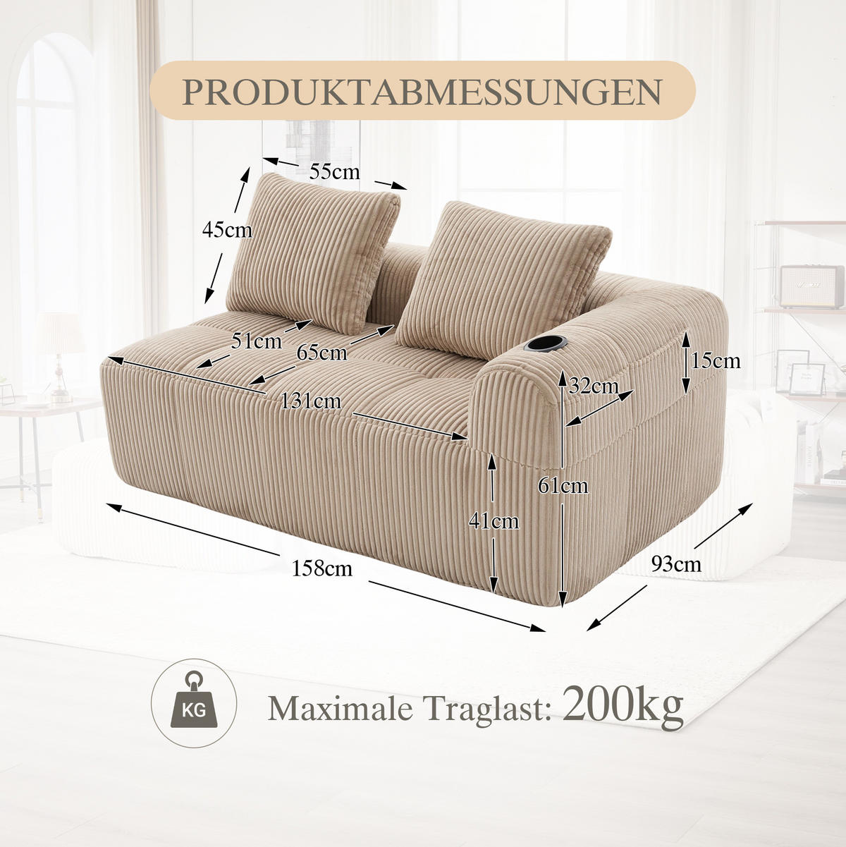 DVOUMÍSTNÁ pohovka 158/93/61 cm khaki z kordurové látky s bočními kapsami a držáky nápojů - písková barva, textil (93/61/158cm) - OKWISH