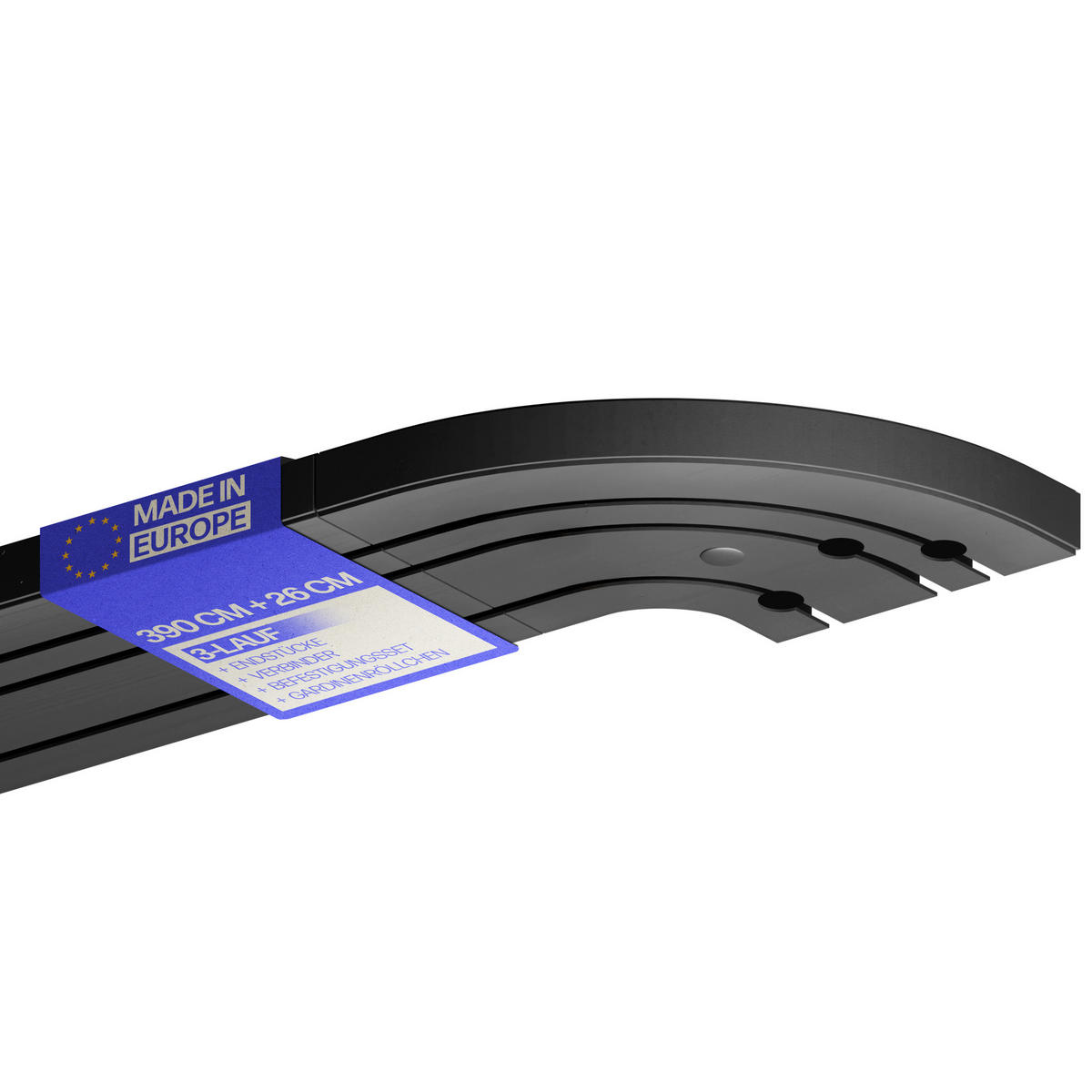 GARDINENSCHIENE inkl. Rundbögen 390cm (3x90/120cm) 3-läufig - Schwarz, Kunststoff (10/1.8/390cm)