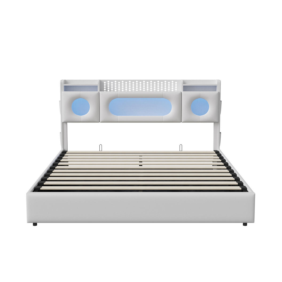 POLSTERBETT 140/200 cm Weiß mit hydraulischem Stauraum, LED-Kopfteil mit Ablage und USB-Anschluss - Weiß, Metall (140/200cm) - EuroLiving