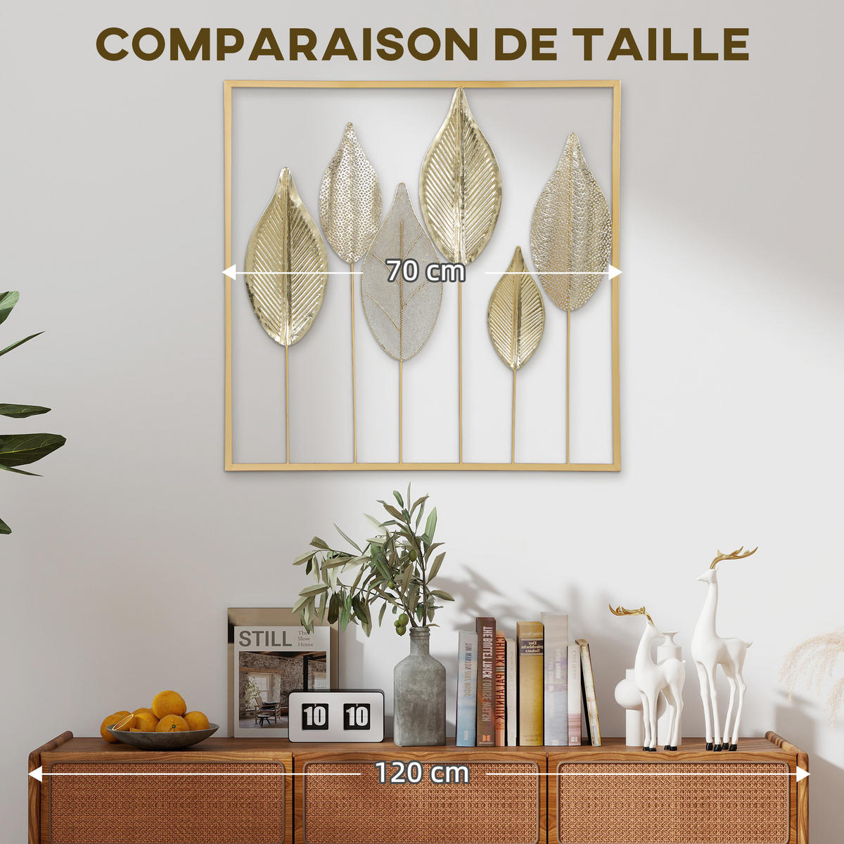 WANDDEKO DE-14327 modernes Blatt-Design Gold - Goldfarben, Metall (2.5/70/70cm) - ComfortXL