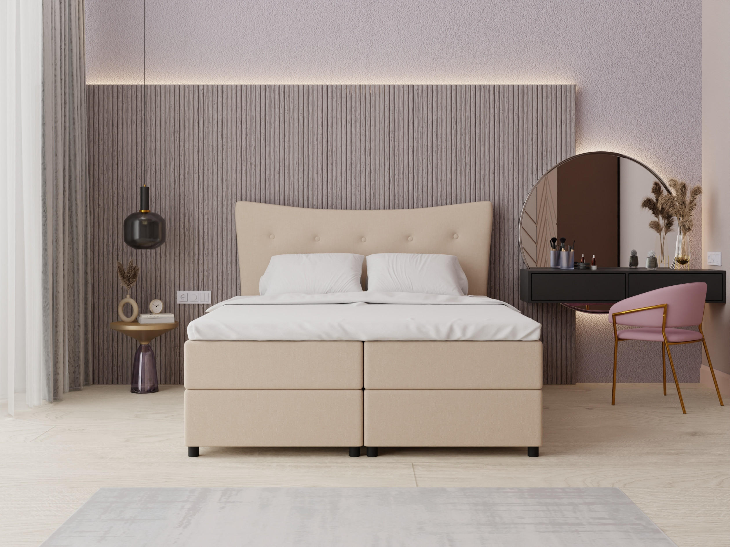 BOXBETT Nevada 160 x 200 cm Doppelbett mit hochwertiger Bonell-Matratze und Topper - Beige - Beige, Holz (160/200cm) - Panda Möbel