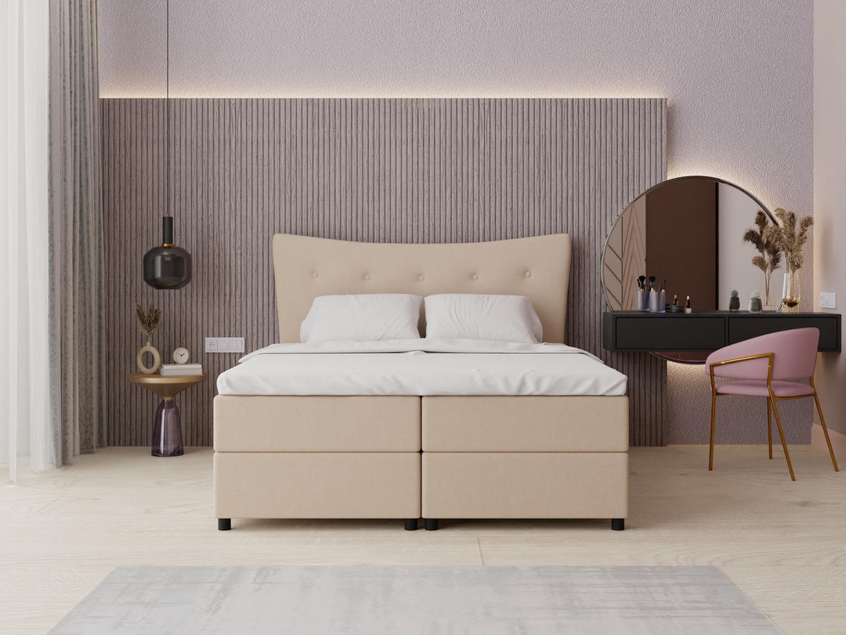BOXBETT Nevada 160 x 200 cm Doppelbett mit hochwertiger Bonell-Matratze und Topper - beige - Beige, Holz (160/200cm) - Panda Möbel