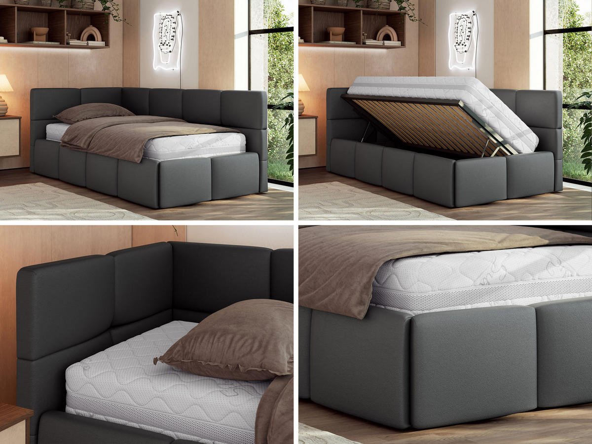 JUGENDBETT ARVO 90/200 - Grau Kunstleder - Pocket-Matratze - Links Seite - Grau, Textil (90/200cm) - MKS