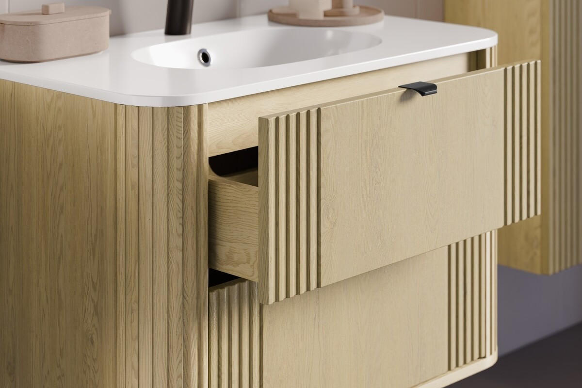 BADMÖBEL-SET 3 Teile 120 cm - Ovalia Cremona O BM404 in Cremona-Eiche - Eichefarben/Weiß Hochglanz, Holz/Keramik (120/140/46cm)