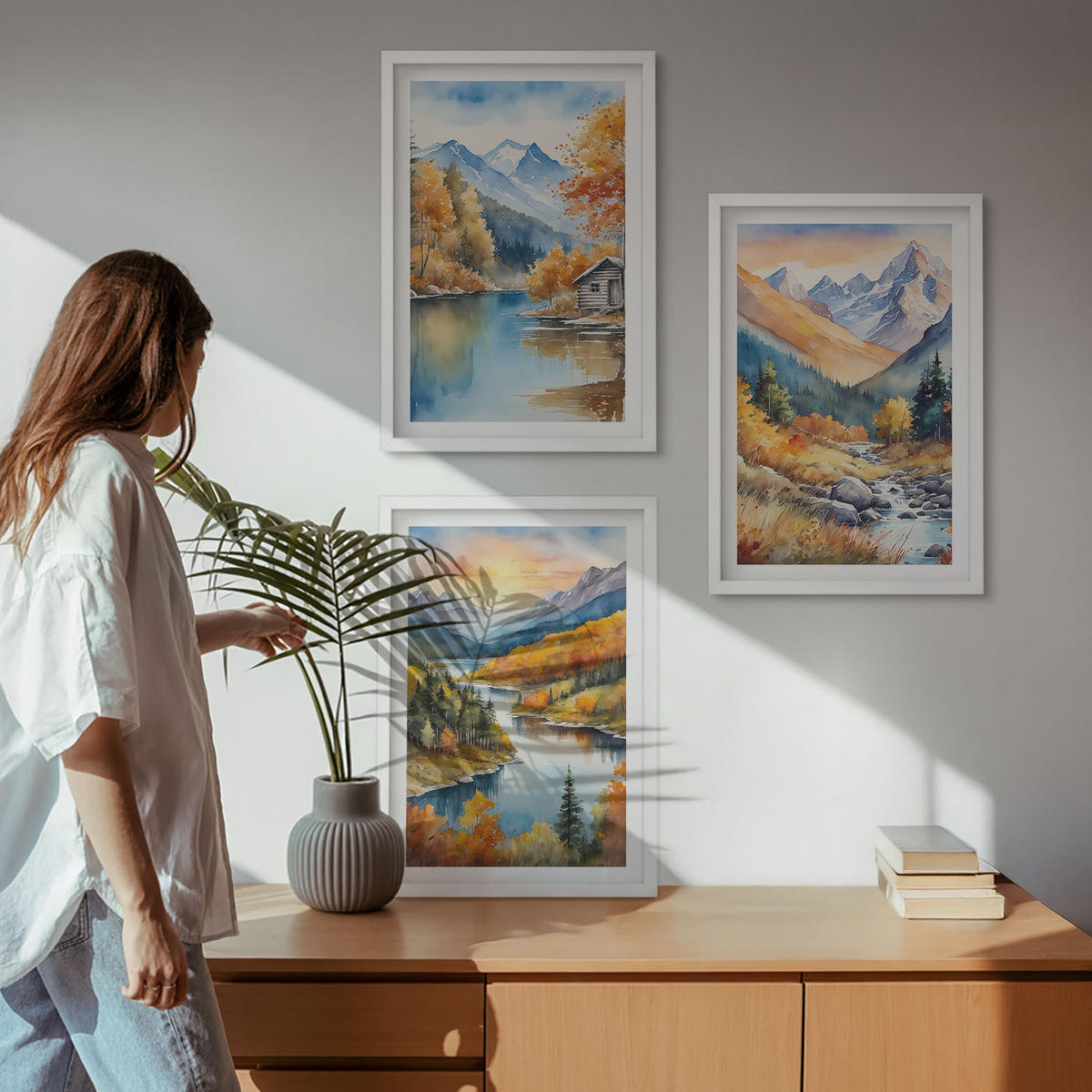 WANDBILDER 3er-Set - 40x60 cm Weißer Rahmen - Berglandschaft, Fluss, Herbst - Weiß, Kunststoff (40/60cm) - ArtPrintCave