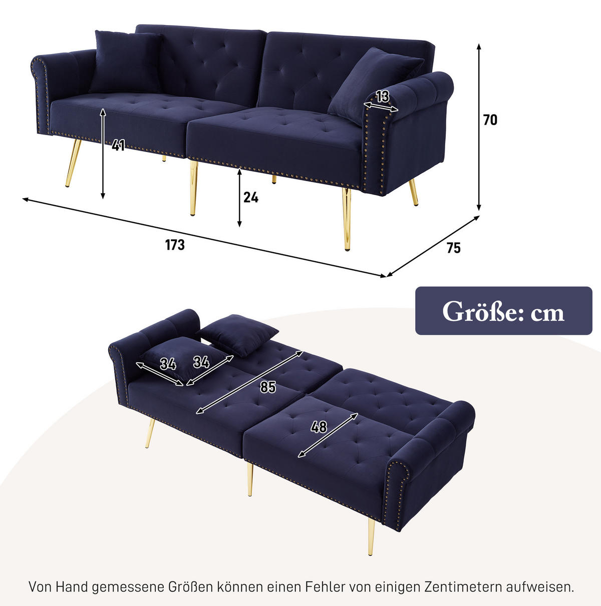 SCHLAFSOFA 2-Sitzer Samt mit 3-stufig verstellbarer Rückenlehne Antikblau 173/75/70 cm - Blau, Textil (70/173/75cm) - Redom