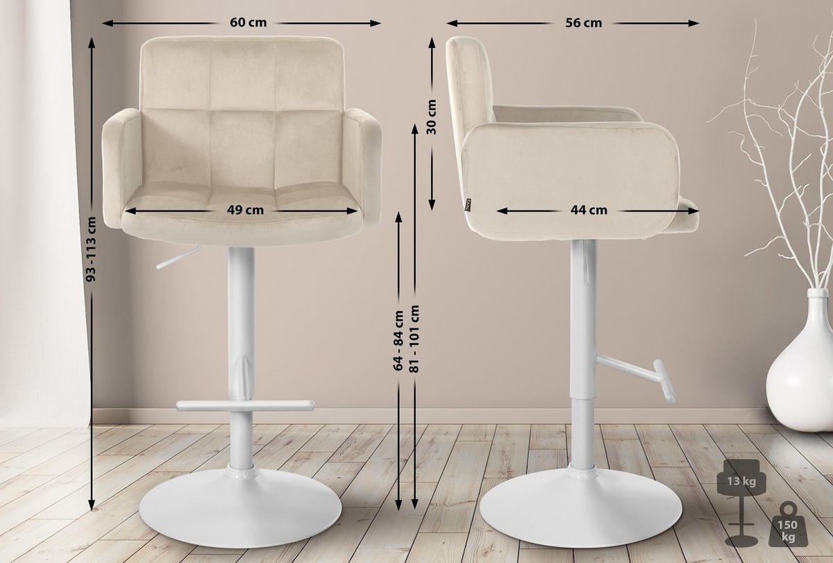 BARHOCKER Samt creme - Creme/Weiß, Textil/Metall (60/93/56cm) - CLP