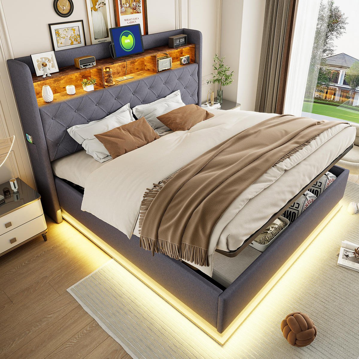 ČALÚNENÁ posteľ 180/200 cm, sivá, s LED osvetlením, USB a úložným priestorom - sivá, textil (180/200cm) - BEAOK