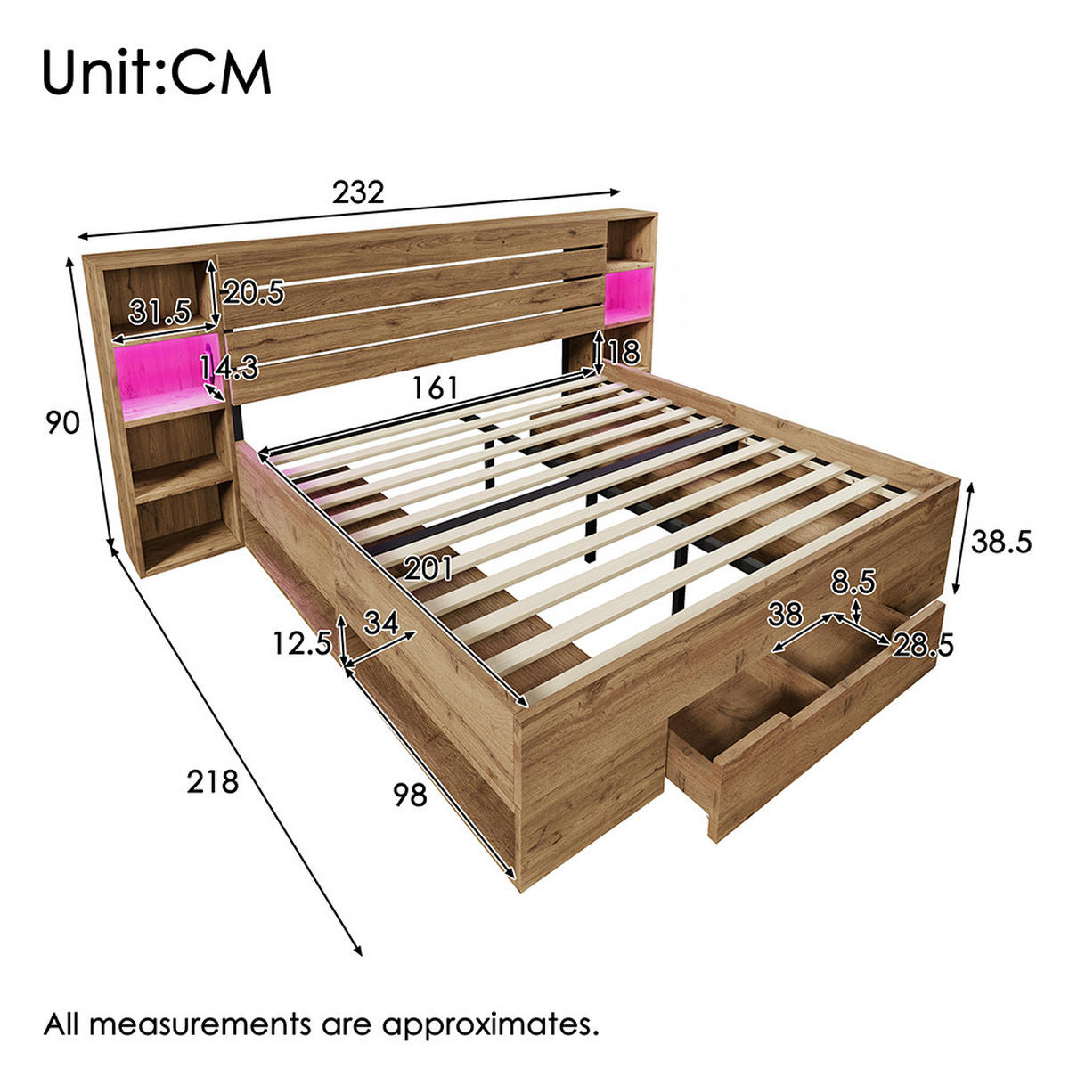 DOPPELBETT 160×200 cm mit LED-Beleuchtung und USB C in Eiche - Wildeiche, Holz (160/200cm) - KOMHTOM