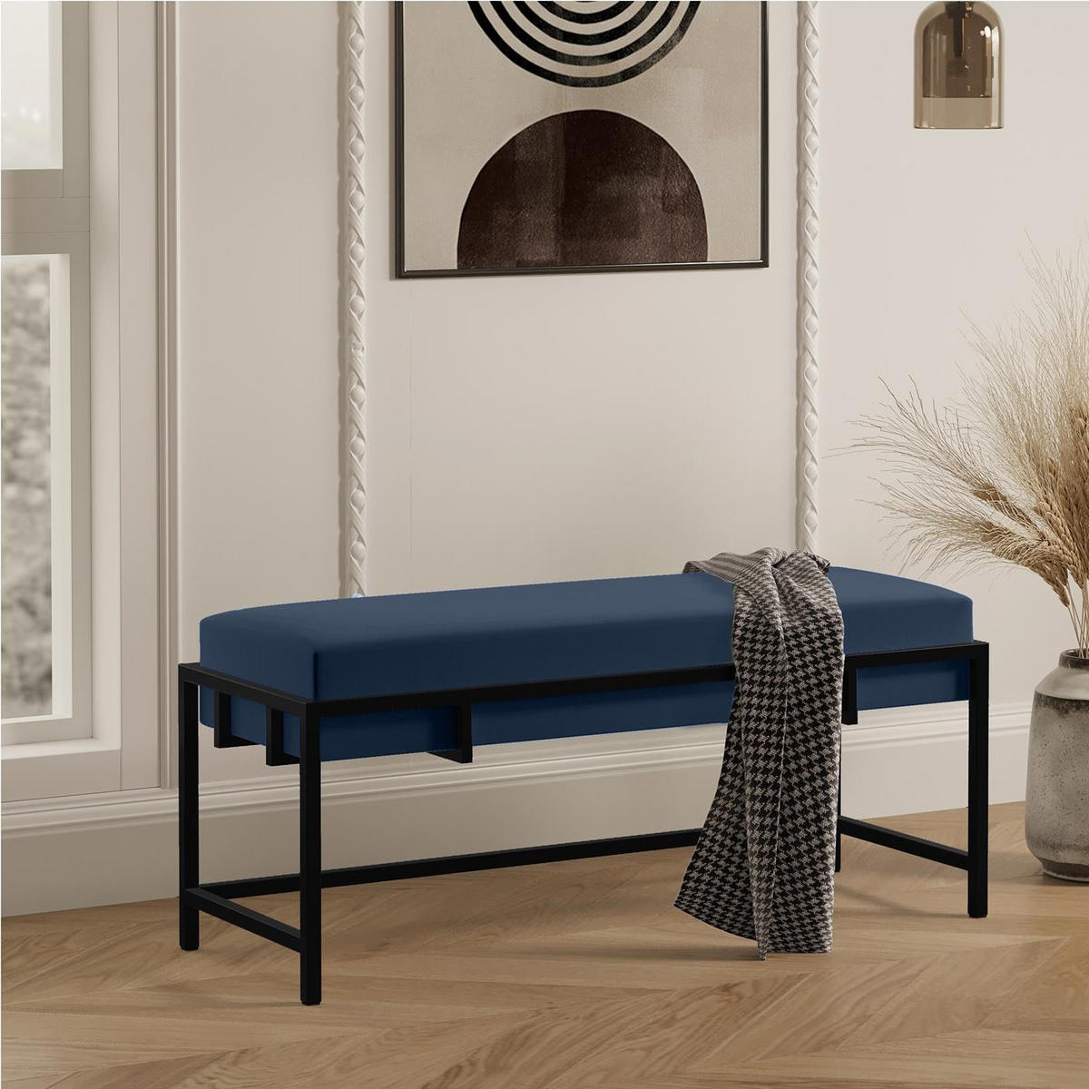 POLSTERBANK LAMO 100 Dunkelblau, Schwarzes Metallgestell - Schwarz/Dunkelblau, Textil/Metall (100/45/35cm) - Bettso