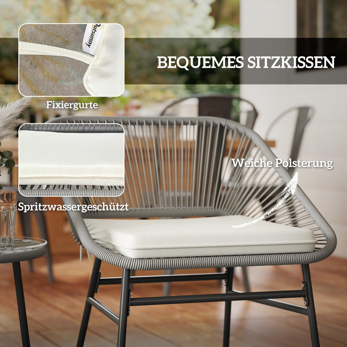 BALKONSET aus Rattan 3-teilig 45x45x46cm dunkelgrau mit Sitzkissen - Dunkelgrau, Naturmaterialen - Modfu