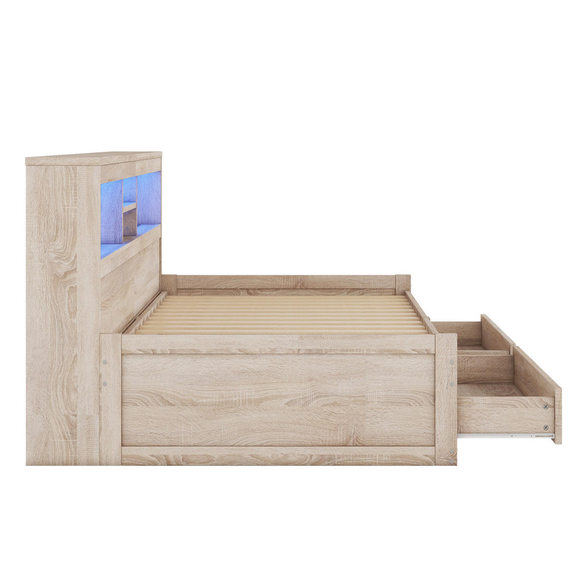 TAGEBETT 90x200cm Natur Spanplatte Nachtkästchen 2 USB Ambiente-Licht - Naturfarben, Holz (90/200cm) - FLIEKS