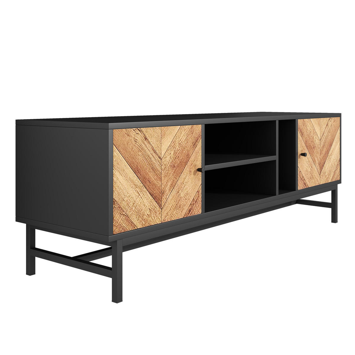 TV-LOWBOARD 150/38/55 cm mit 2 Türen und 3 Fächern, aus Metall und Holzwerkstoff, Schwarz/Natur - Hellbraun, Holzwerkstoff (150/55/38cm) - Redom