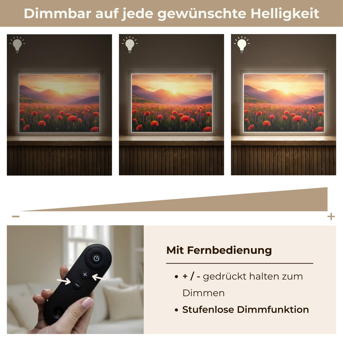 WANDLEUCHTE MIT AKKU Landschaft - Sonnenuntergang - Blumenfeld 40x30 cm - Rot, Holzwerkstoff (40/30/8cm) - OnlyWow