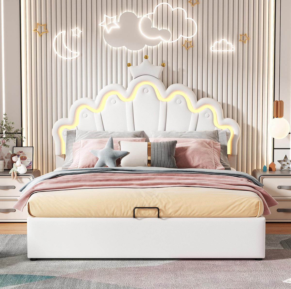 TAPECIRANI krevet 140/200 cm bijeli od PU umjetne kože s LED rasvjetom i spremištem - bijela, plastika (140/200cm) - OKWISH