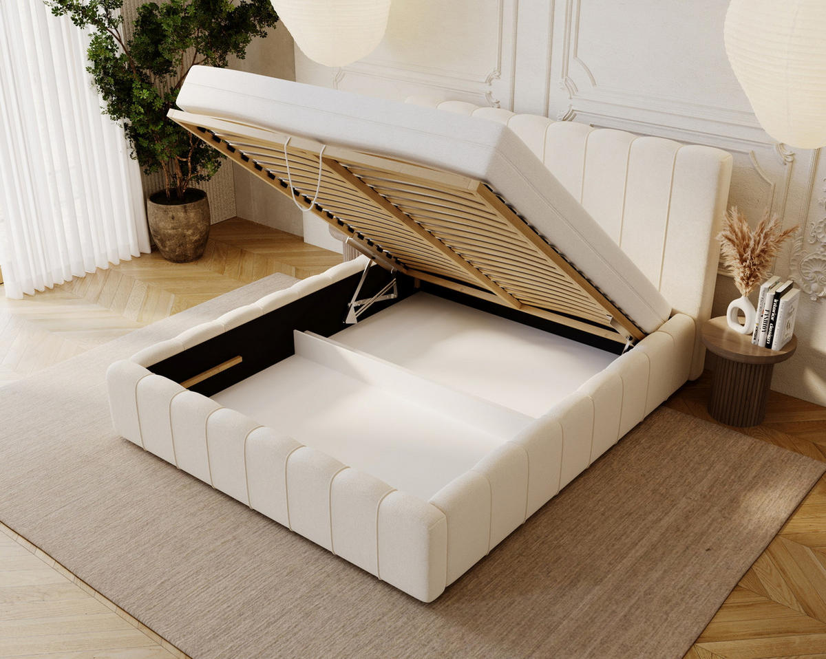 POLSTERBETT 160x200 mit Lattenrost, Bettkasten, Lisbon, Creme - Creme, Holz/Textil (160/200cm) - Emporius