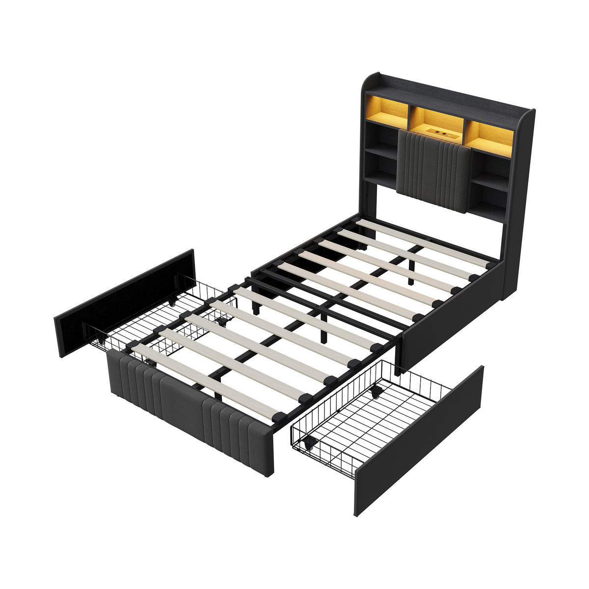 POLSTERBETT 90/200 cm Grau mit 2 Schubladen, LED-Kopfteil mit Ablage und USB - Grau, Metall (90/200cm) - EuroLiving