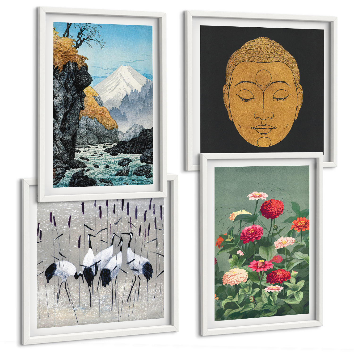BILDER SET 4er Set - 50x50 cm & 40x60 cm Weißer Rahmen - Japanische Natur und Japandi-Stil - Weiß, Kunststoff (50/50cm) - TULUP