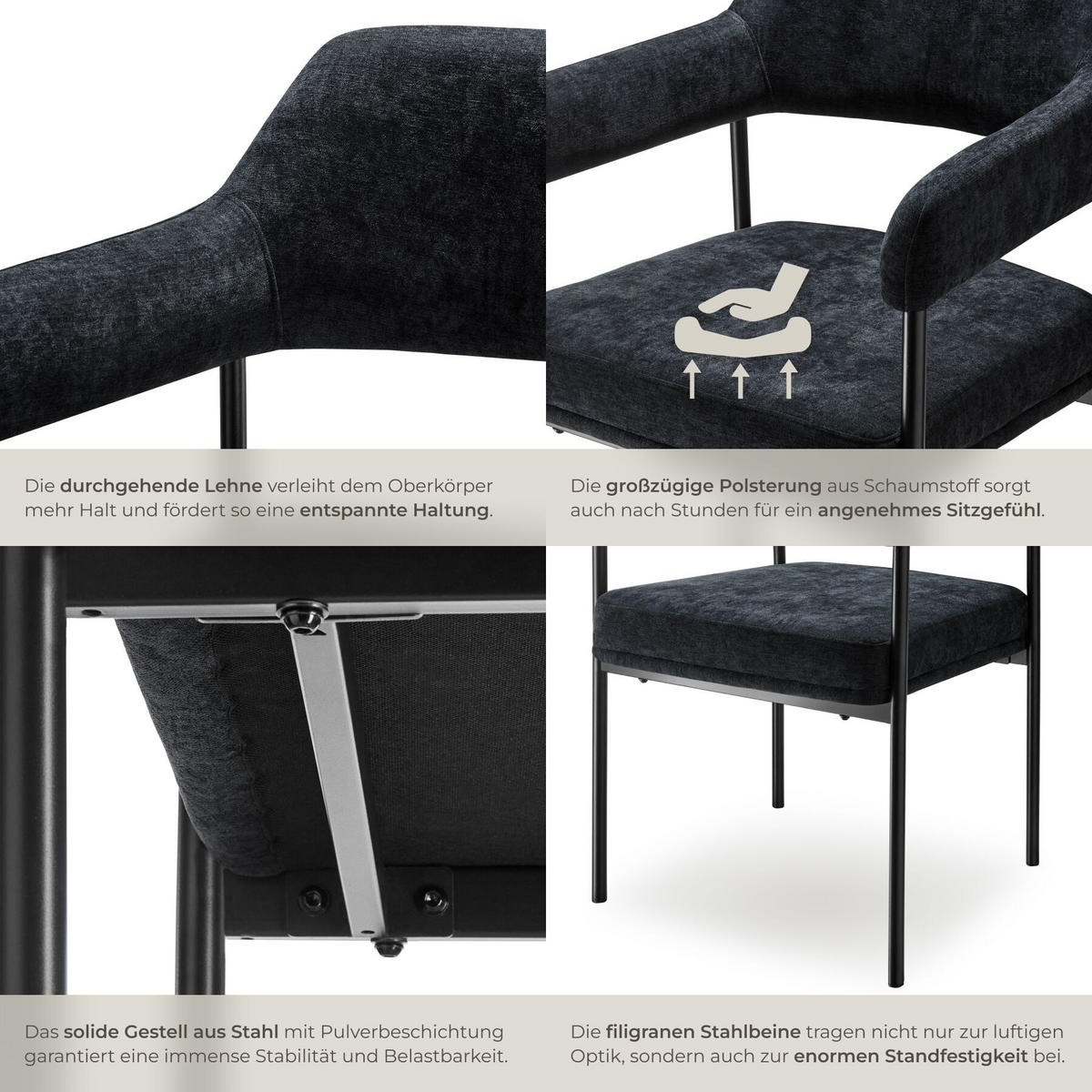 ARMLEHNSTUHL 4er Set Doé 58 x 62 x 85 cm Webstoff schwarz/schwarz - Schwarz, Textil (58/85/62cm) - tectake