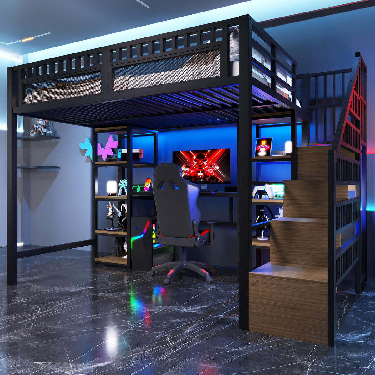 HOCHBETT 140x200cm Schwarz Mit Schreibtisch USB & LED - Schwarz, Metall - FLIEKS