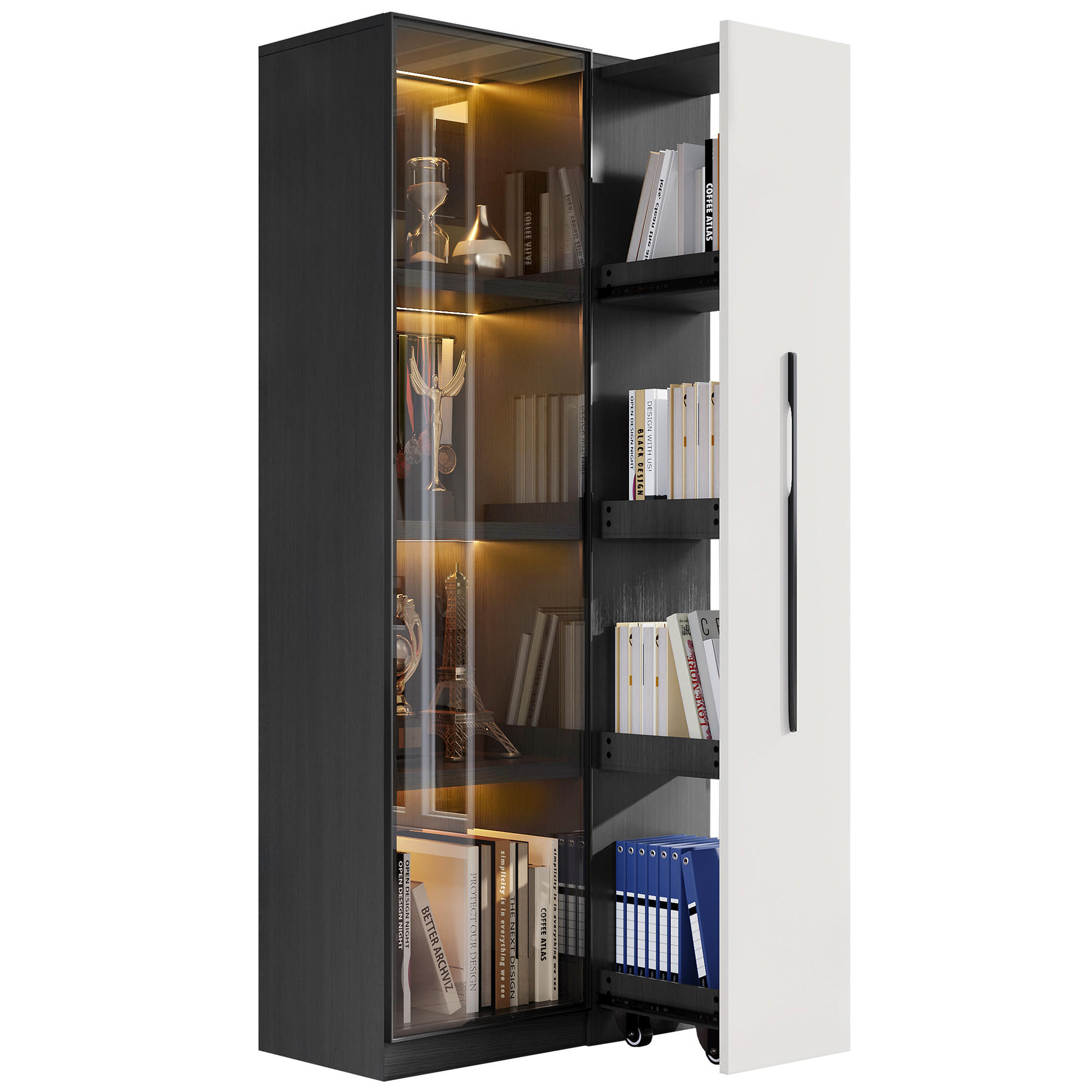 VITRINE 70×40×160 cm aus MDF mit LED Vitrine und seitlichem Auszug in Schwarz Weiß - Schwarz, Holzwerkstoff (70/160/40cm) - Luhomfu