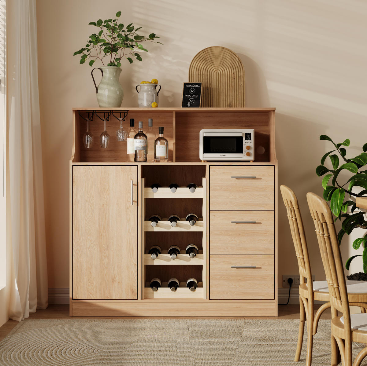 SIDEBOARD 120/40/121 cm in Natur/Weiß mit LED-Beleuchtung und Weinregal - Weiß, Holzwerkstoff (120/121/40cm) - Flora Grace