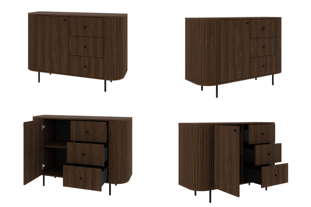 KOMMODE Olivia 123cm, mit 1 Tür, 3 Schubladen und geriffeltem Design, dunkelbraun - Dunkelbraun, Metall (123/85/43cm) - Margaret Hadas24
