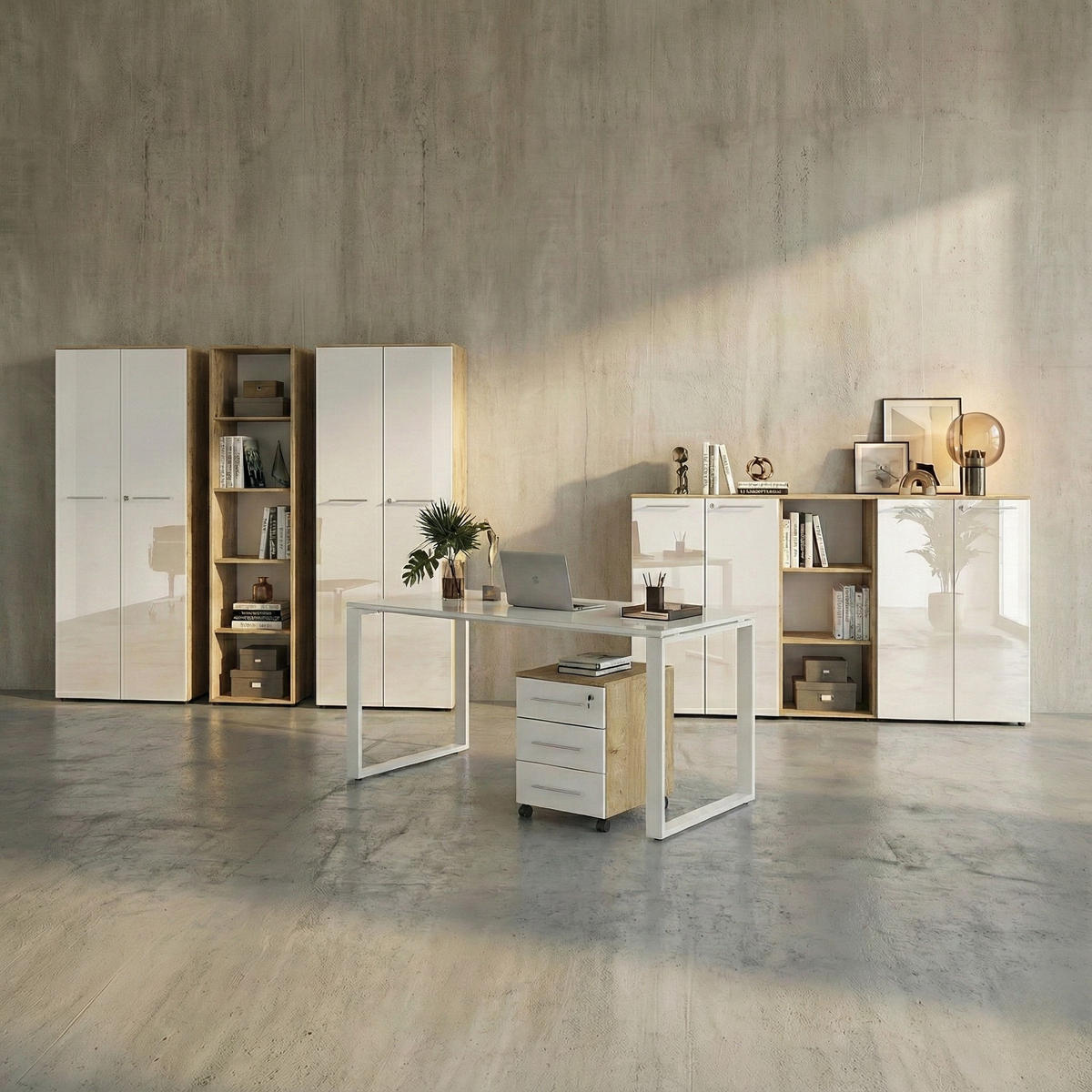 BÜRO-SET MUENCHEN 8-teilig | Glas & Abschließbar & Soft-Close | Chalet-Eiche-Nb./Weiß - Weiß, Holzwerkstoff/Metall (575/196/80cm) - KADIMA DESIGN