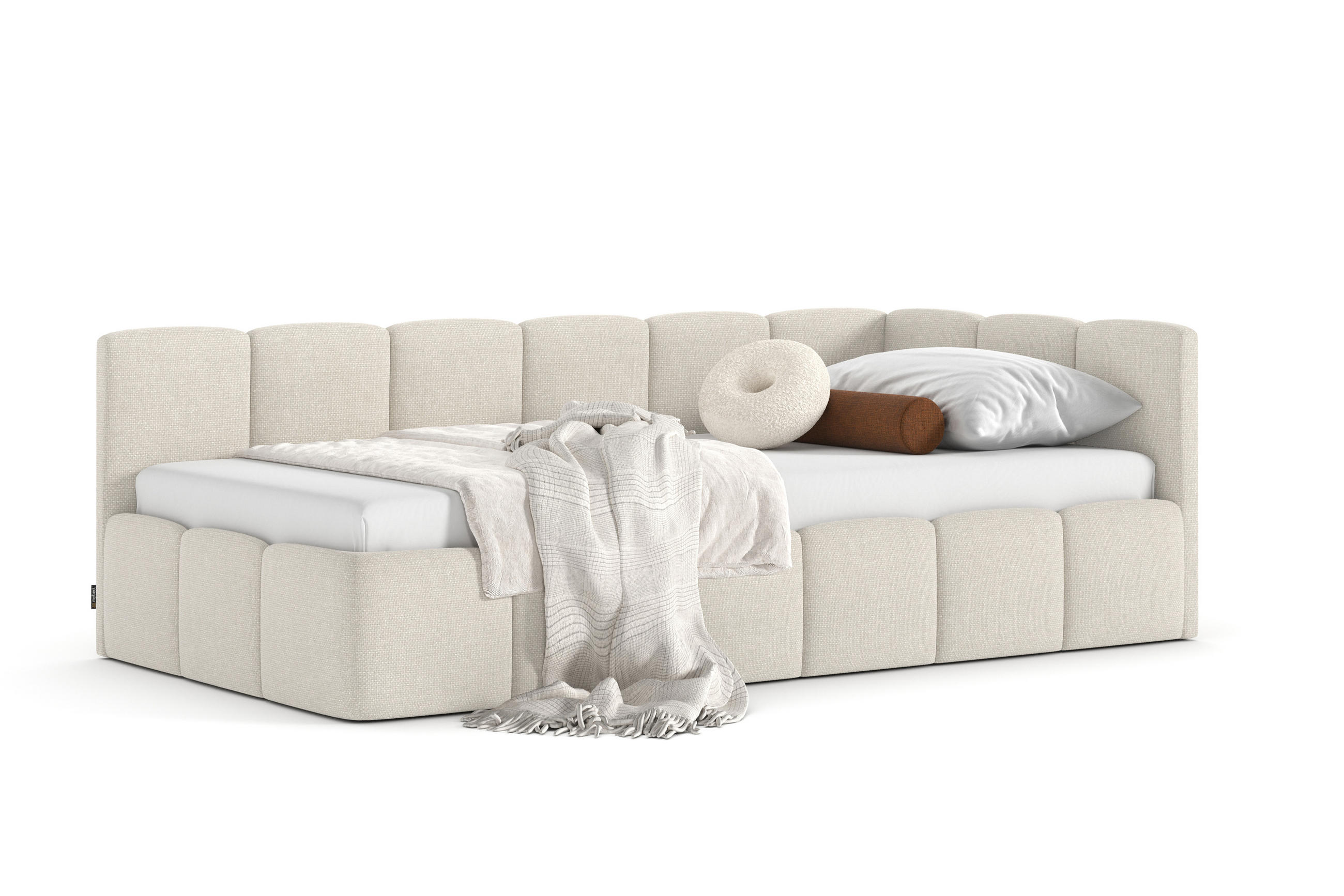 POLSTERBETT AURO mit Bettkasten, Einzelbett, rechts - 90x200 cm - Kaschmir/Beige, Holz/Textil (90/200cm) - mybed.