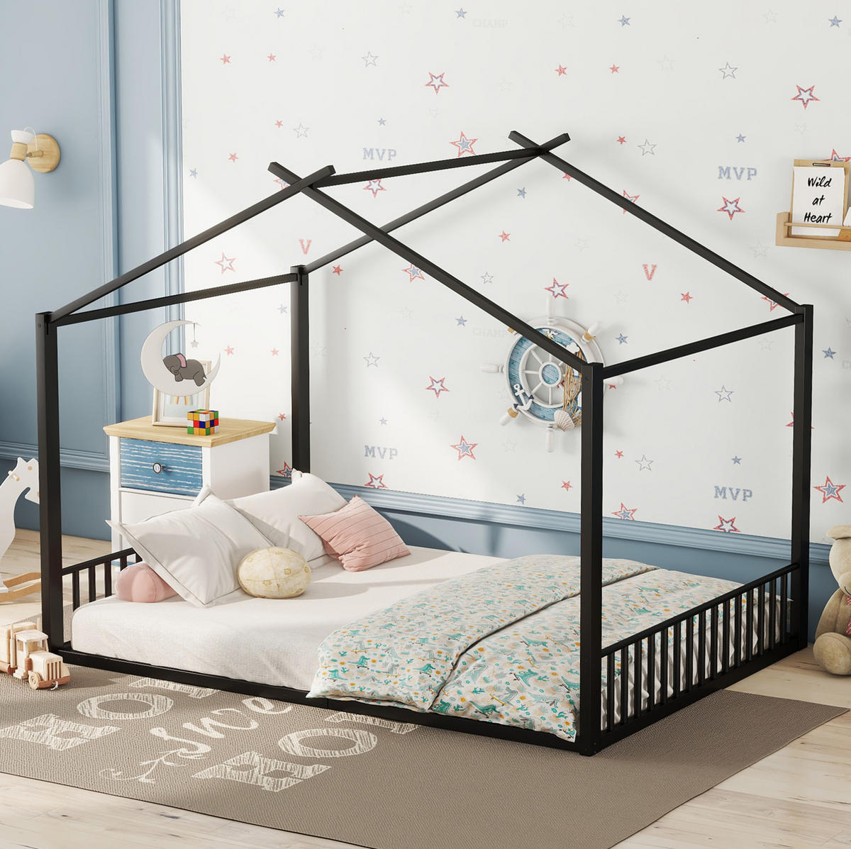 KINDERBETT aus Metall 140x200 cm Schwarz in Hausform mit 14 Lattenrosten - Schwarz, Metall (140/200cm) - IVMEU
