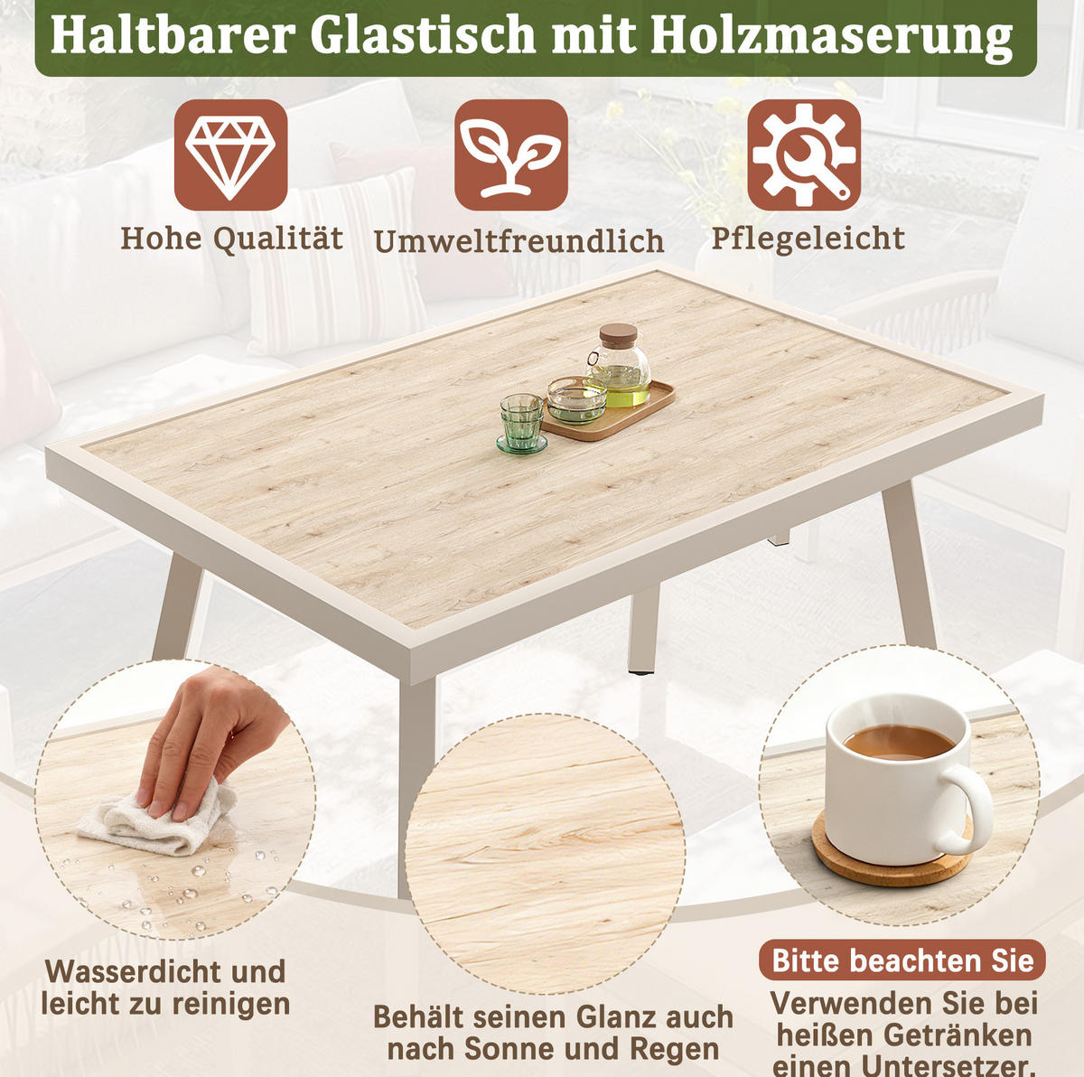 GARTEN-LOUNGE-SET für 7 Personen mit Stahlrahmen & Coffeetable Glas in Holzoptik, 173,5/65/62,5 cm, Beige - Beige, Metall - Redom