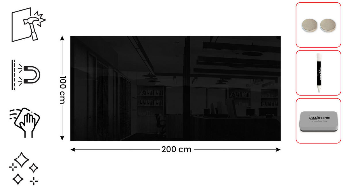 GLASBOARD - Schwarz 200x100cm + GRATIS - Schwarz, Glas (200/100/0.7cm) - ALLboards