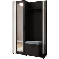 GARDEROBE Linaro mit Spiegel, Sitzbank in Lamellen-Optik 137/207/42 cm, Rechts - Schwarz, Holzwerkstoff (137/207/42cm) - WFL GROUP
