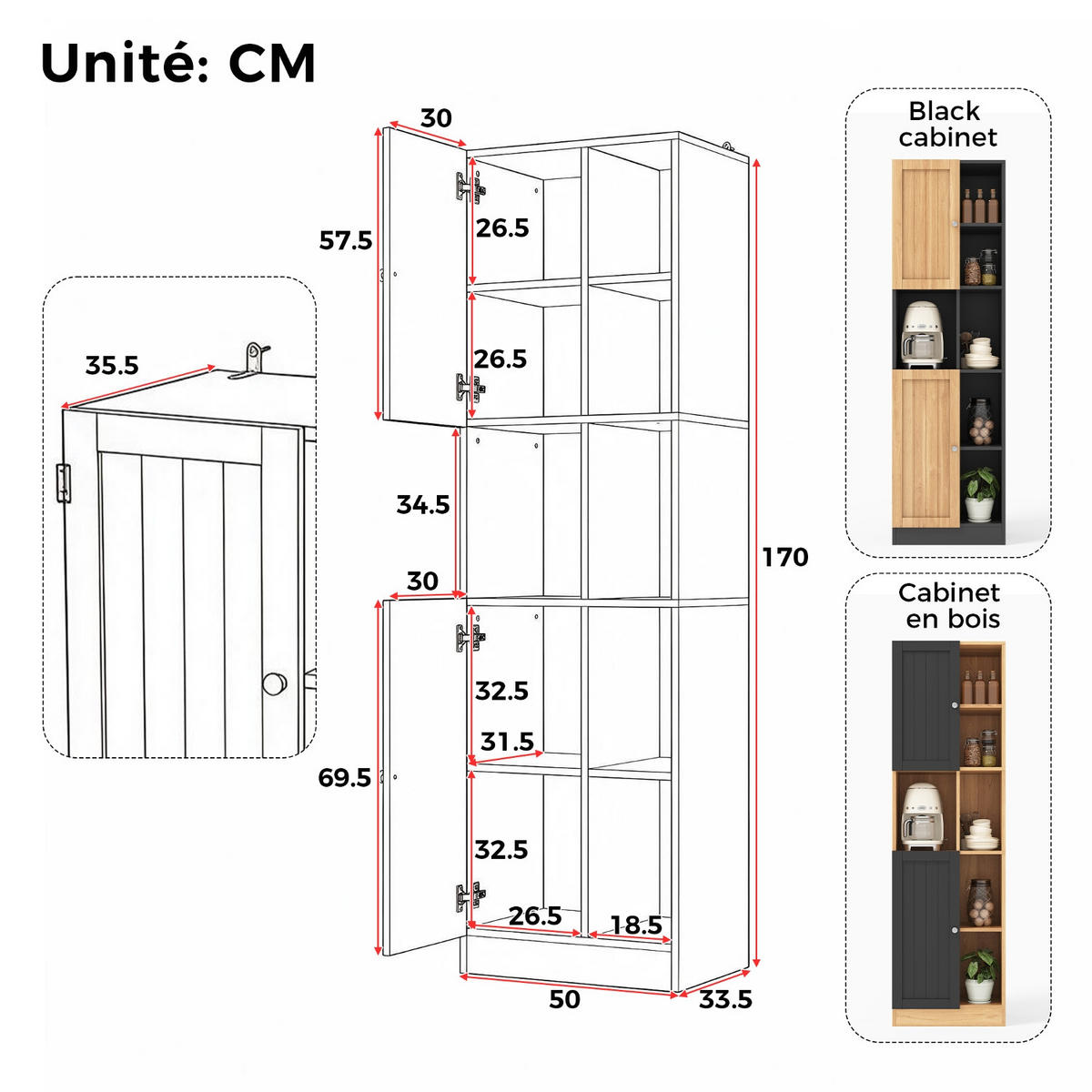 KÜCHENSCHRANK, 50/170/35,5 cm, MDF, Anthrazit-Eiche, mit 6 offenen Regalen und 2 Türen, für Esszimmer - Schwarz, Holzwerkstoff (35.5/170/50cm) - Rolipo