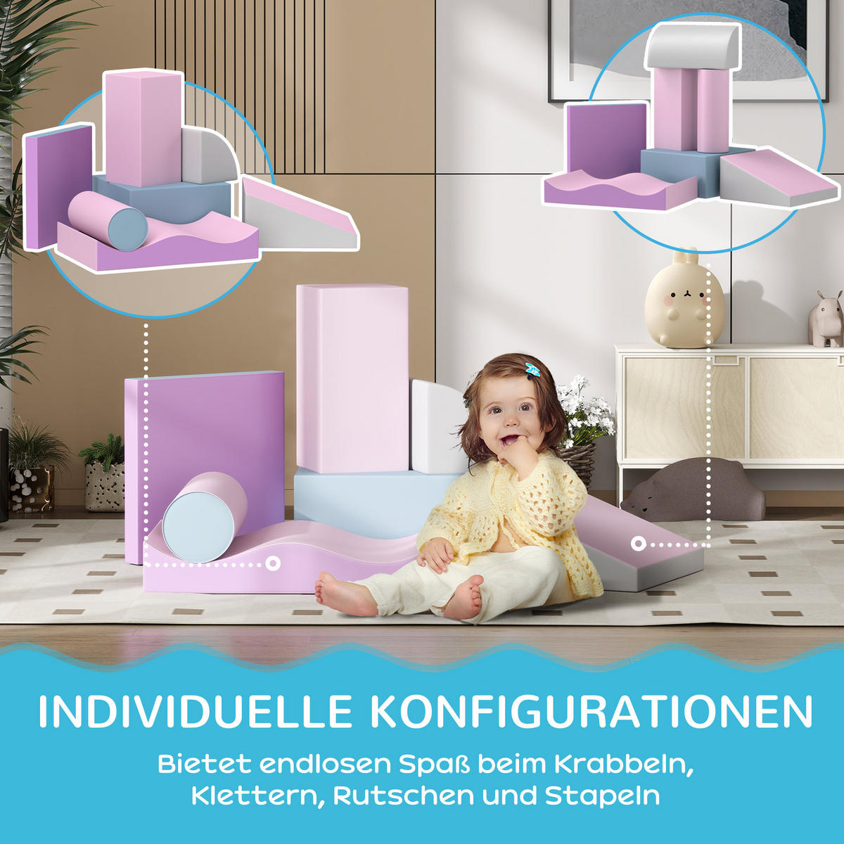 SOFTBAUSTEINE 7-tlg. Set - Pink/Grau, Kunststoff (40/11/60cm) - HOMCOM