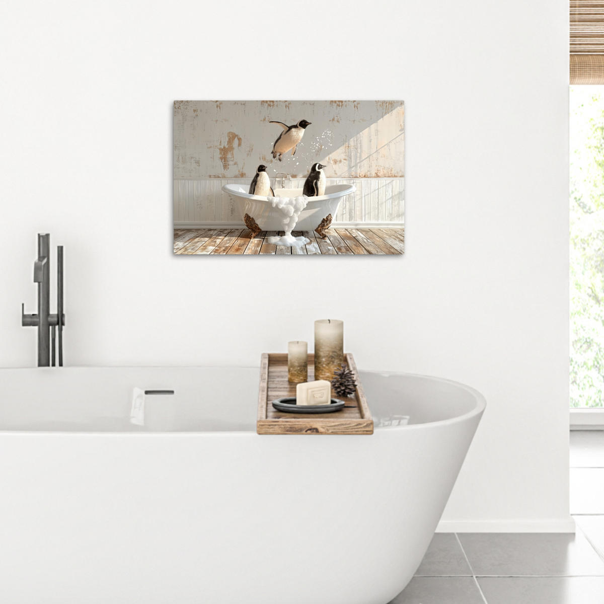 LEINWANDBILD Vintage - Pinguin - Badewanne - Schaumstoff Gemälde 60x40 cm - Schwarz, Textil (60/40cm) - MuchoWow