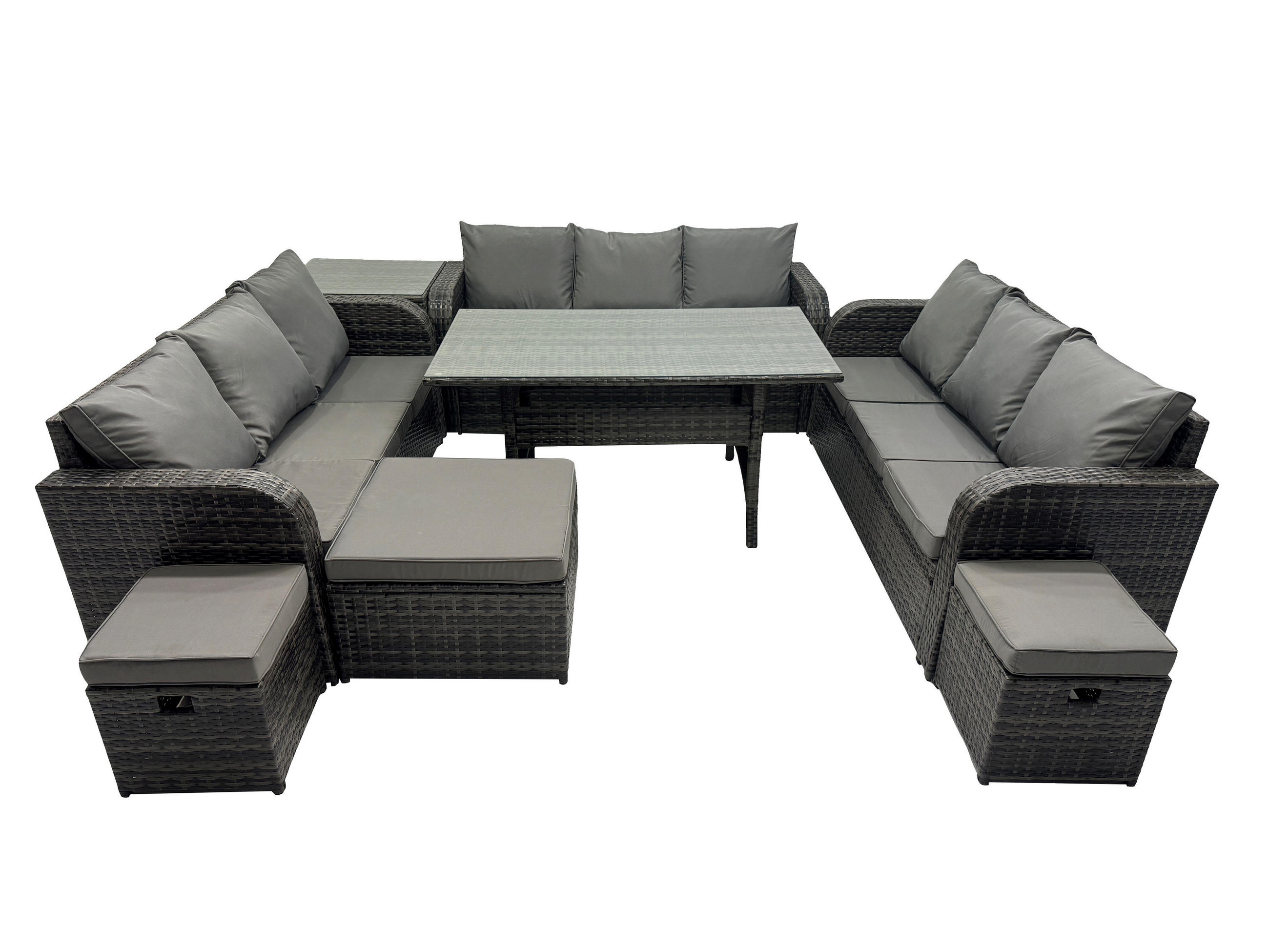GARTENTISCHGRUPPE mit 3 Hocker Polyrattan Dunkelgrau 12-Sitzer - Dunkelgrau/Grau, Glas/Kunststoff - Fimous