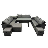 GARTENTISCHGRUPPE mit 3 Hocker Polyrattan Dunkelgrau 12-Sitzer - Dunkelgrau/Grau, Glas/Kunststoff - Fimous