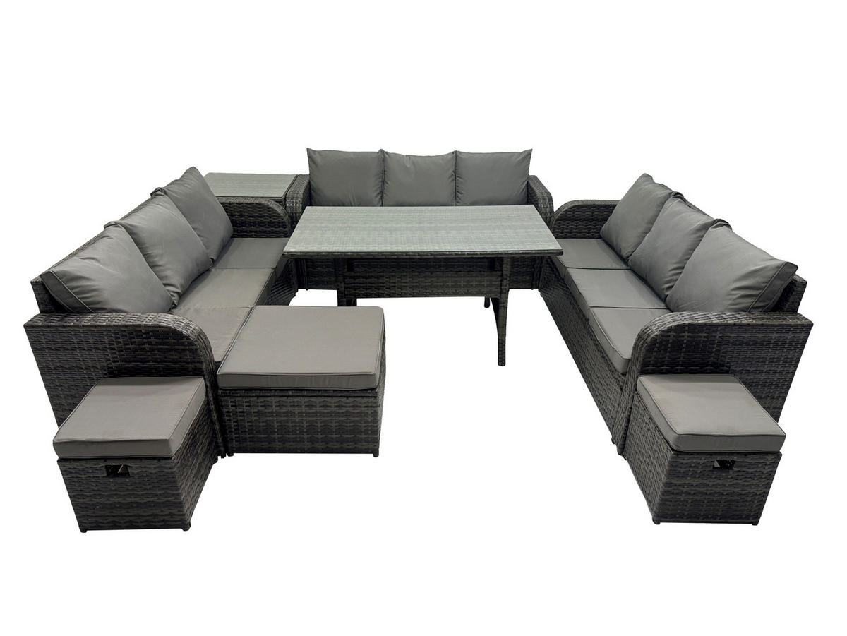 GARTENTISCHGRUPPE mit 3 Hocker Polyrattan Dunkelgrau 12-Sitzer - Dunkelgrau/Grau, Glas/Kunststoff - Fimous