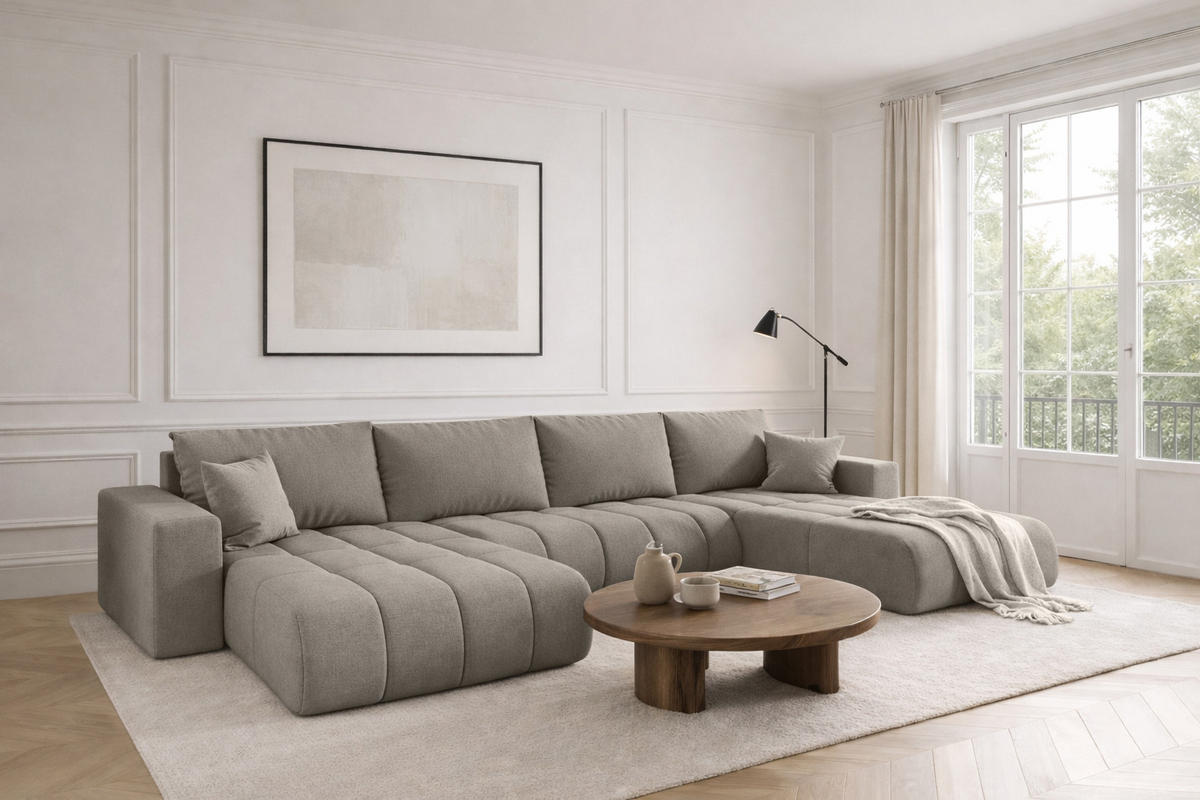 ECKSOFA mit schlaffunktion und bettkasten MILO U PREMIUM, stoff WIND, Grau - Hellgrau, Holz (384/190cm) - Kaiser Möbel