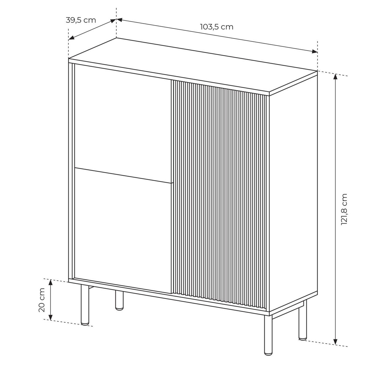 HIGHBOARD Trentinis 3T Beige 103,5/123,4/39,5 cm – Geriffelte Fronten - Eichefarben, Holzwerkstoff/Metall (103.5/121.8/39.5cm) - AX Living