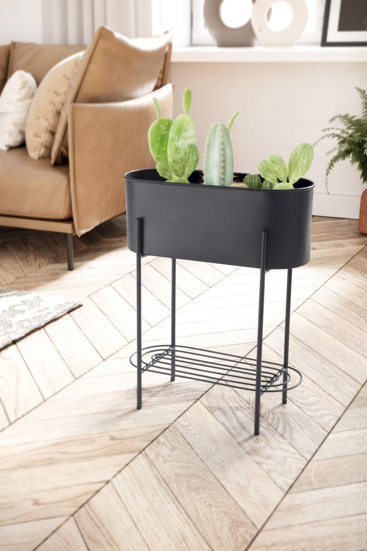 PFLANZKÜBEL Metall Schwarz 51x65x22 cm mit Gestell und Ablage rechteckig - Schwarz, Metall (65cm) - KADIMA DESIGN