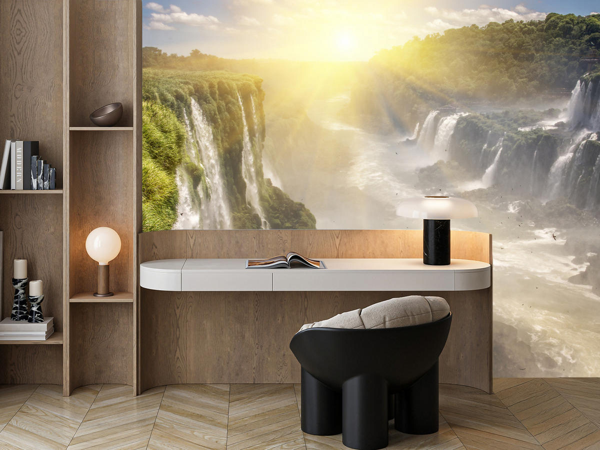 FOTOTAPETE für Wohnzimmer Wasserfall Sonnenaufgang Pflanzen 300x210 - Gelb/Beige, Papier (300/210cm) - Muralo