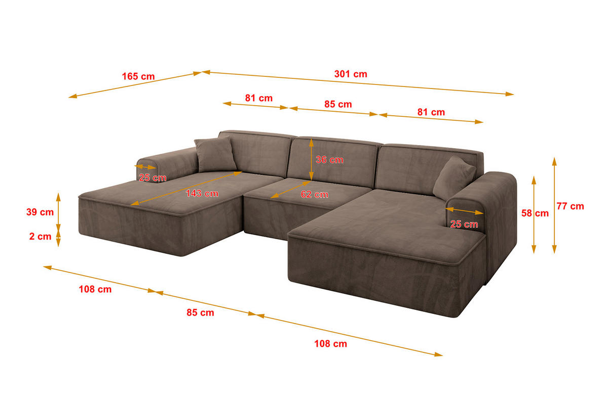 WOHNLANDSCHAFT IREA-U1-v3 - 301x165x77 cm Braun - Braun, Holzwerkstoff/Textil (301/77/165cm) - ALTDECOR