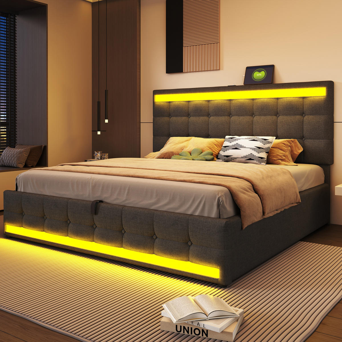 POLSTERBETT 180/200 cm mit RGB-LED, USB-Anschlüssen und verstellbarem Kopfteil, Grau - Grau, Textil (180/200cm) - Redom
