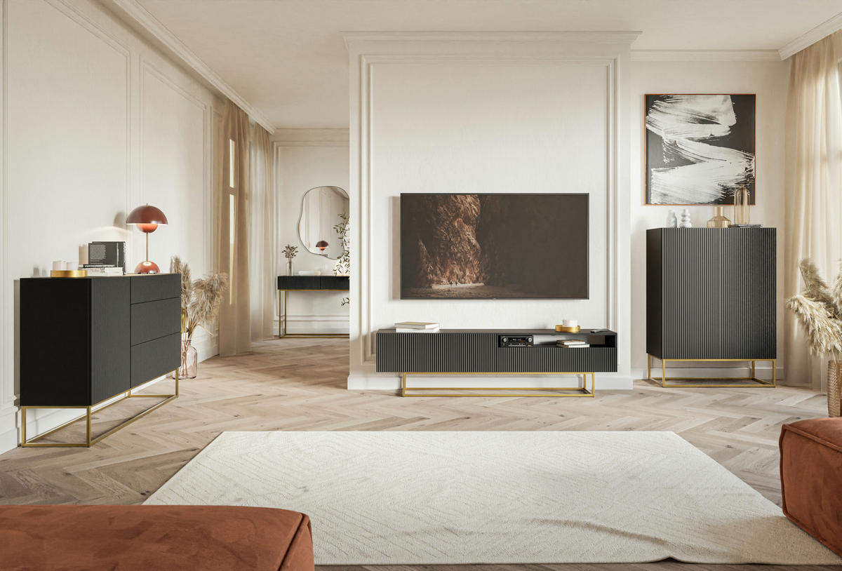 TV-SCHRANK Veldio Schwarz mit offenem Fach und goldenen Metallbeinen 175 cm - Goldfarben/Schwarz, Holzwerkstoff/Metall (175/46.5/31.6cm) - Selsey